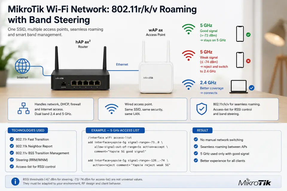 MikroTik Roaming: 802.11r/k/v, Band Steering e Sticky Client su RouterOS 7